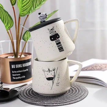 

"Happy Zoo" Cute Ceramic Mug with Lid Tea Milk Coffee Mug Cup Home School Girls Drinkware Waterware Gift