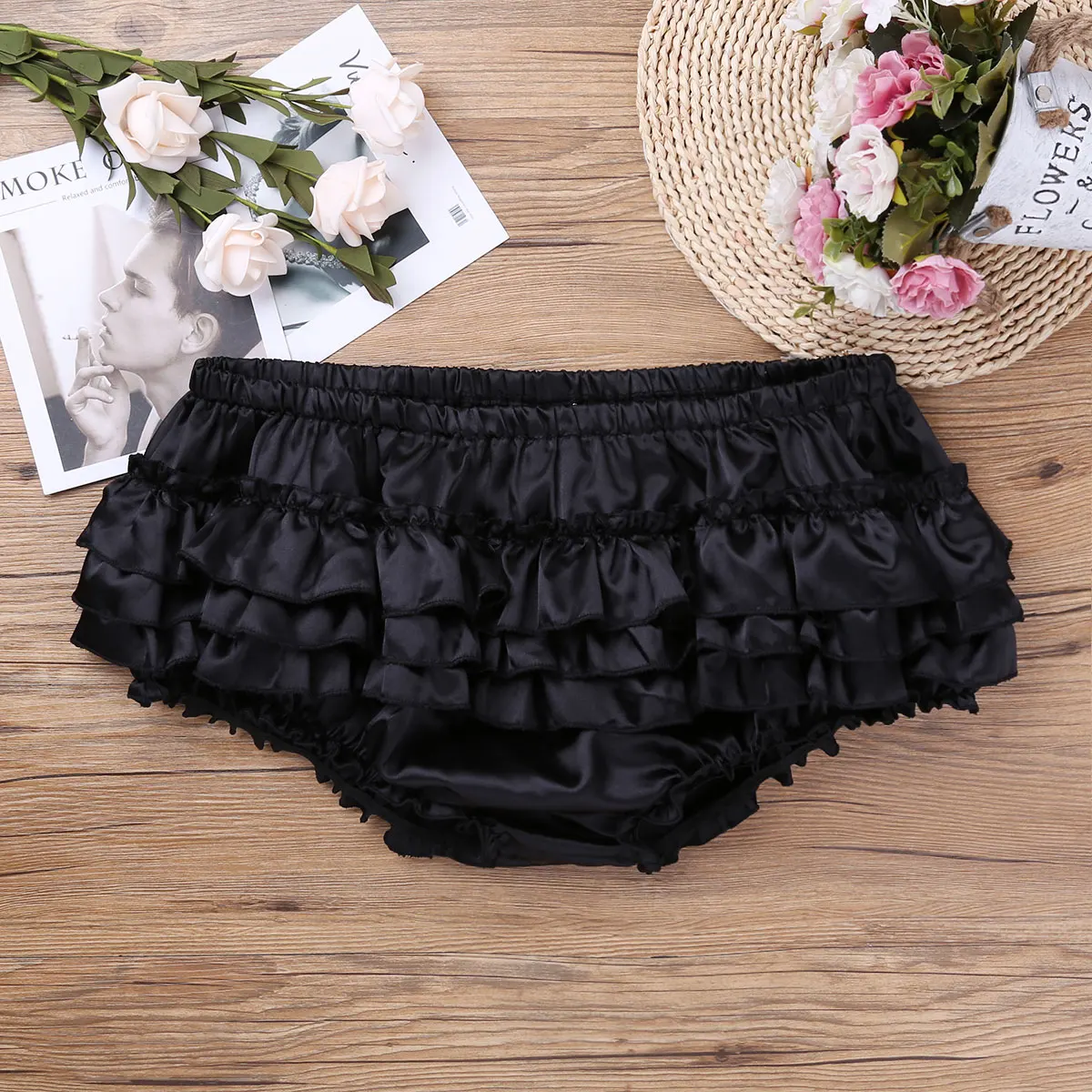 Soft Shiny Satin Ruffled Bloomers Crossdressing Men Lingerie Tiered Skirted Bikini Briefs Sissy Panties for Male Gay Underwear Mens Underwear