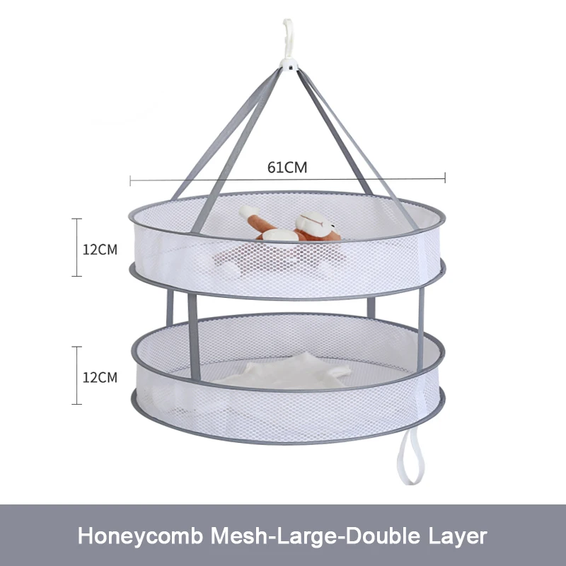 Новая практичная сушильная стойка с крючками Складная подвесная одежда корзина для белья сетка-сушилка двухслойная стирка сушильные носки корзина для одежды - Цвет: Grey Large Double