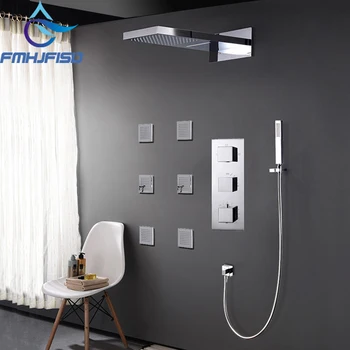 

Concealed Thermostatic 4 Functions Waterfall Bath Shower Faucet Set with 6pcs SPA Body Nozzle Massage Jets