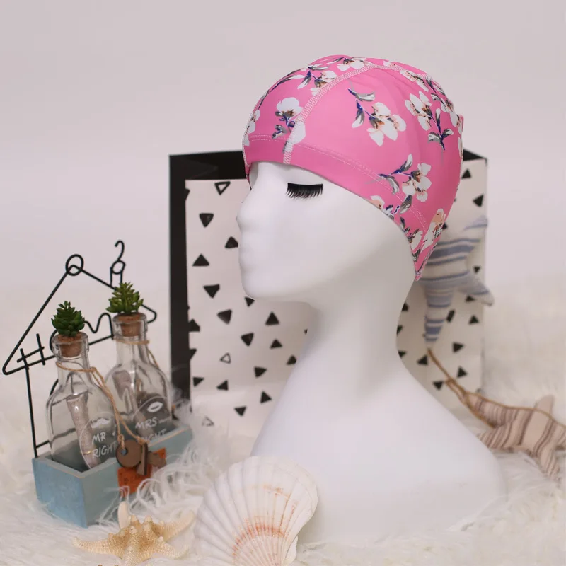 Flower Print Fabric Swimming Cap Swiming Pool Protect Long Hair Ears Hat Swim Bathing Hats Caps for Women Men Adults Ladies Hat