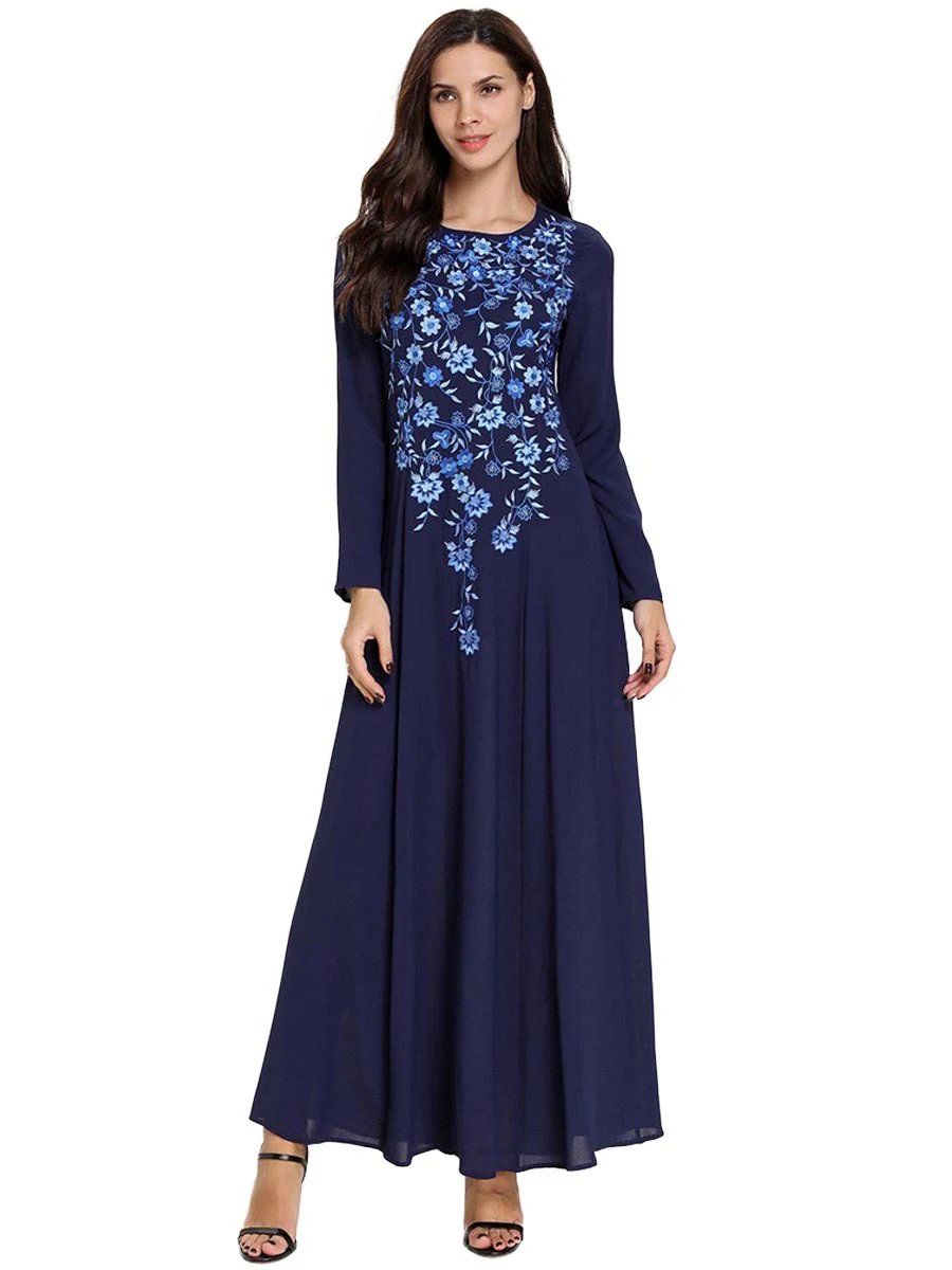 Bangladesh Дубай вышитая мусульманская одежда Пакистан Арабский мусульманский хиджаб вечернее платье Турецкий кафтан марокканские maldives Исламская одежда - Цвет: Navy blue