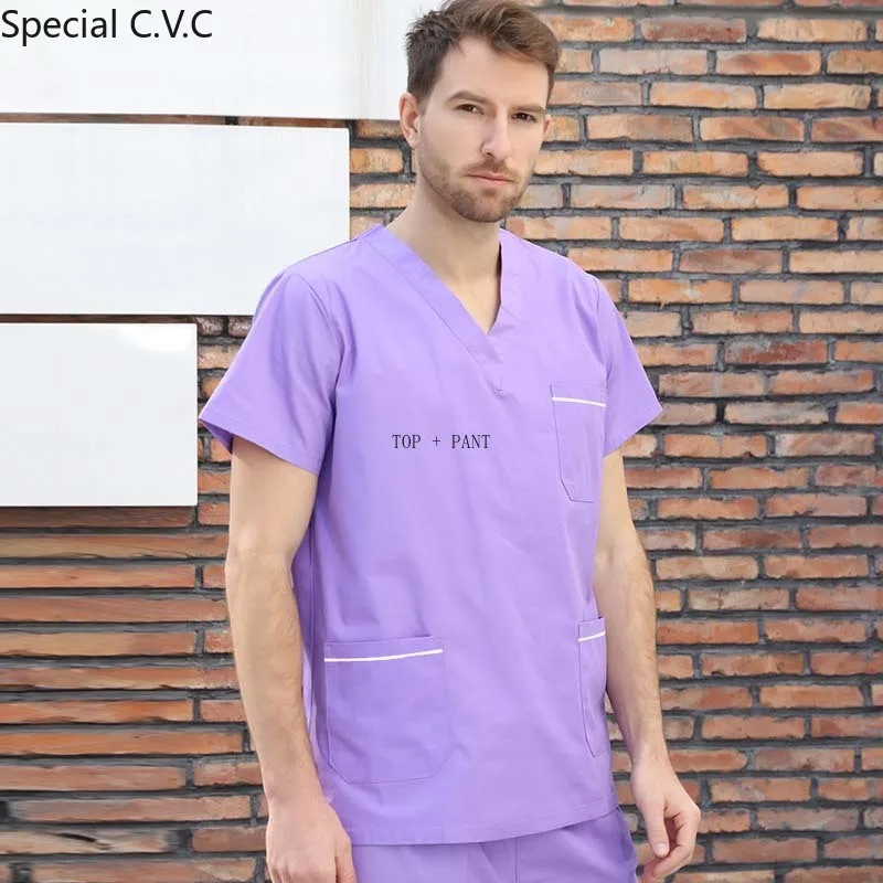 Men's Scrub Set Short Sleeved V-collar Top + Elastic Pants Pure Cotton Surgery Scrubs Color Blocking Design Medical Uniforms