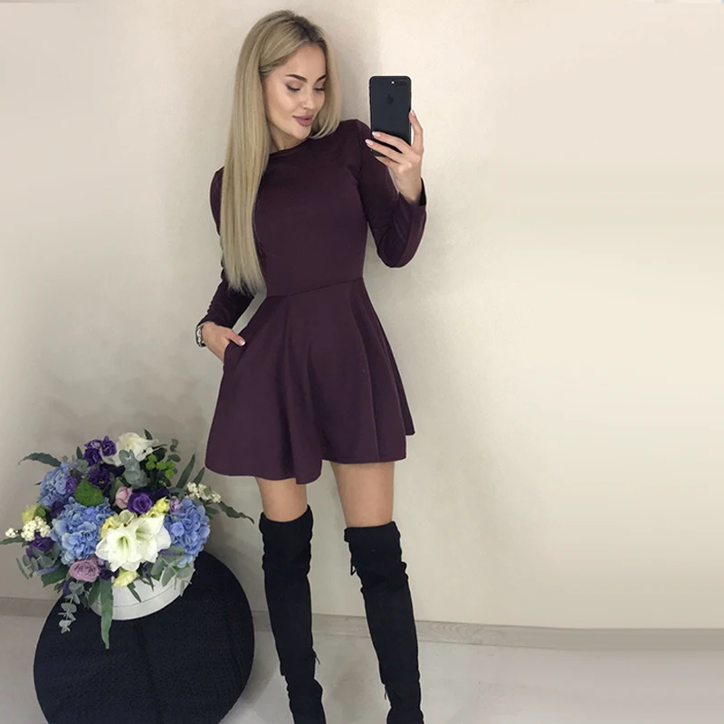 Purple Осеннее платье с длинными рукавами Сексуальная Линия Вечерние платья; женская обувь для офиса; Базовая рубашка платье Модные Элегантные мини зимнее платье Vestidos - Color: Purple