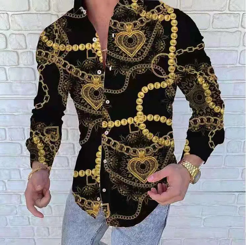 New printing Shirt Luxury Gold Yellow Leopard Clothing Men Loose Long Sleeve Chemise Tops Homme Social Men Club Prom Shirt M-3XL