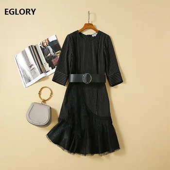 

Striped Dress 2019 Autumn Style Women O-Neck Lace Patchwork High Quality PU Belted Casual Sexy Ruffle Work Dress Office Lady