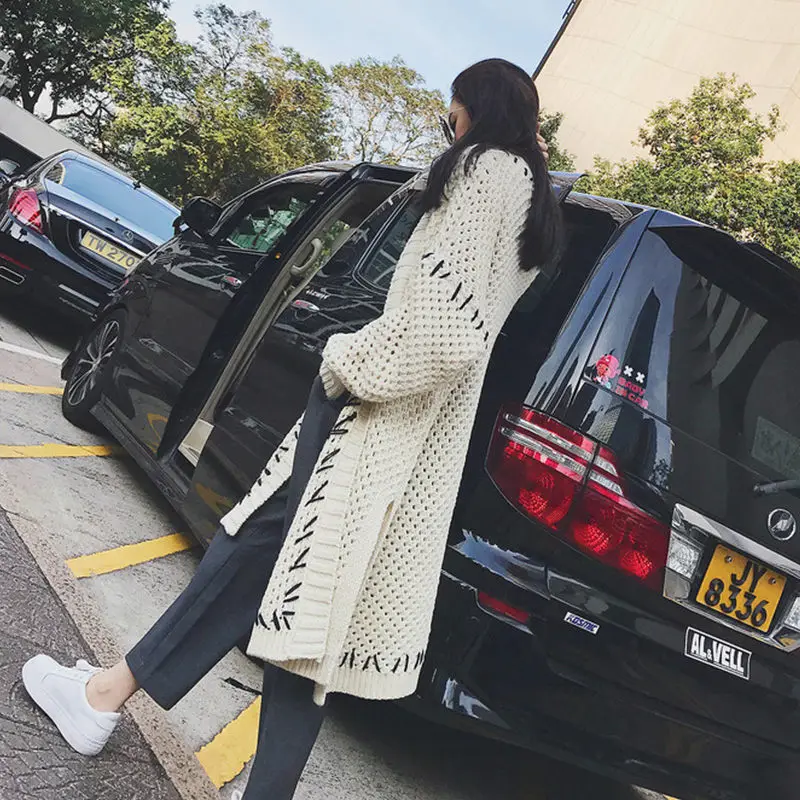 Korean Color Matching Hollow Sweater Women's Cardigan Loose Large Size Long Autumn Knit Sweater Coat Design Knitwear Blusa f2057