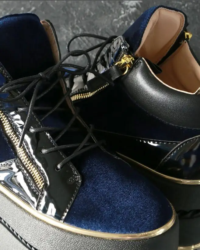 Factory Royal Blue Velvet Patchwork Casual Shoes High Top Thick Sole Male Double Zipper Sneakers Flat Leisure Trainer Shoes
