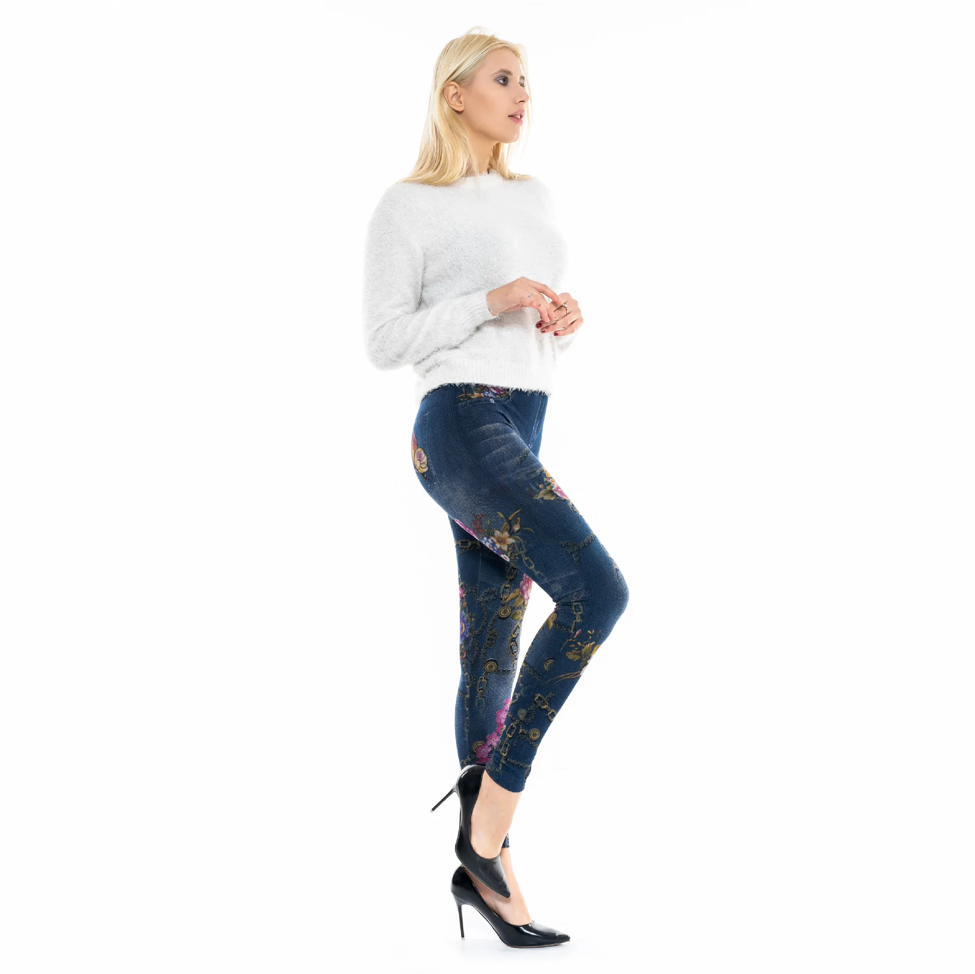 Iron Chain Seamless Pants Printed Sports Artificial Jeans Leggings Women's Fake Cowboy LeggingsJS154