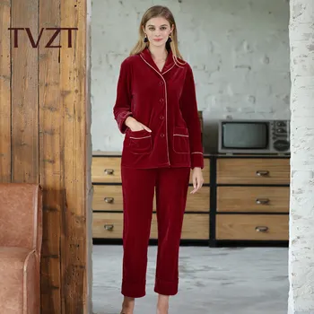 

Gold Velvet Pajamas Sets for Women Winter Long Sleeve and Full Trousers Two Piece Soft Comfortable Pyjama Sleepwear Homewear
