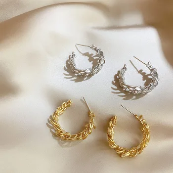 

C Shape Gold Silver Color Metal Leaf Hoop Earring 2020 Fashion Open Alloy Minimalist Hoop Earrings Women Party Wedding Jewelry