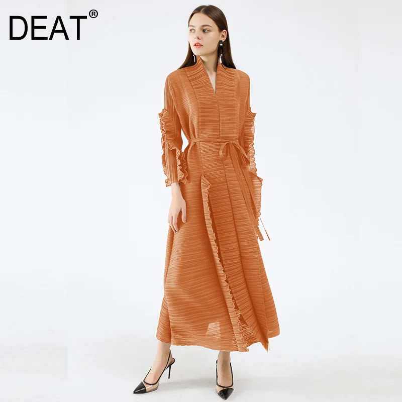 Женское Плиссированное Платье оверсайз DEAT однотонное платье с длинным рукавом