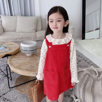 

2020 Autumn New Girls dress overall corduroy design red color baby girls dresses 100% cotton kids girls clothing