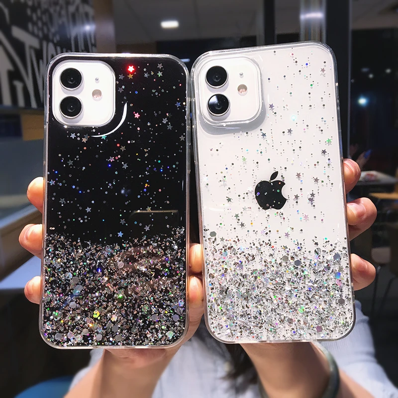 Luxury Glitter Star Sequins Bling Clear Phone Case For iPhone 13 Pro Max 12 Mini 11 XS XR X 7 8 Plus Transparent Soft Back Cover