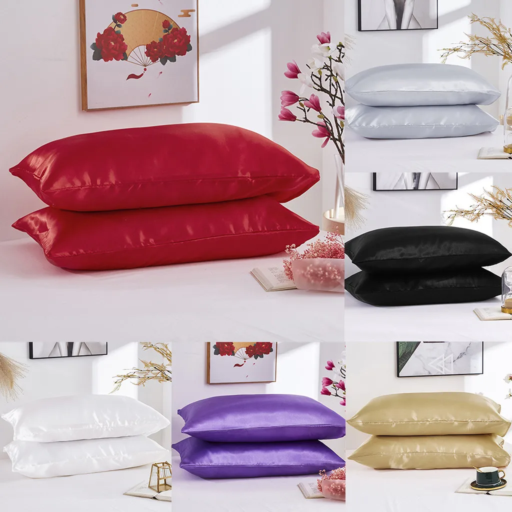 Simple satin silk pillowcase 2pcs solid color bedding envelope closed standard pillowcase wholesale purchasing#4JY25