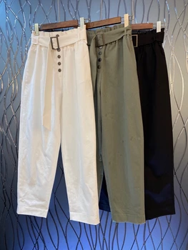

2020 early autumn new women's diagonal symmetrical pocket buckle belt waist solid color high waist trousers casual pants 802