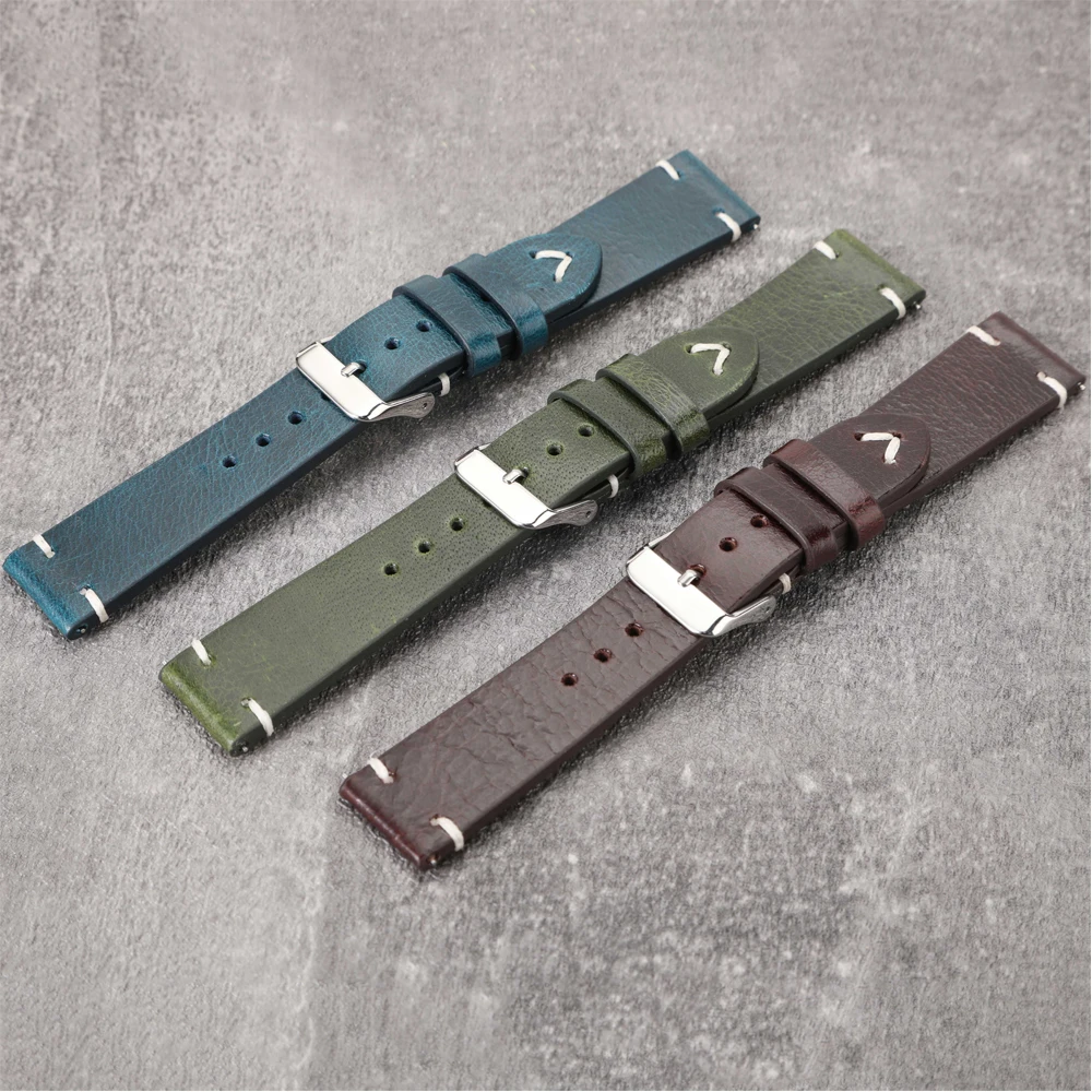 Handcrafted Vintage Oil Wax Leather Watch Strap - Black, Blue, Brown
