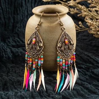 

Golden Silver Color Vintage Ethnic Long Feather Tassel Dangle Drop Earrings for Women Female 2020 Indian Jewelry Accessories