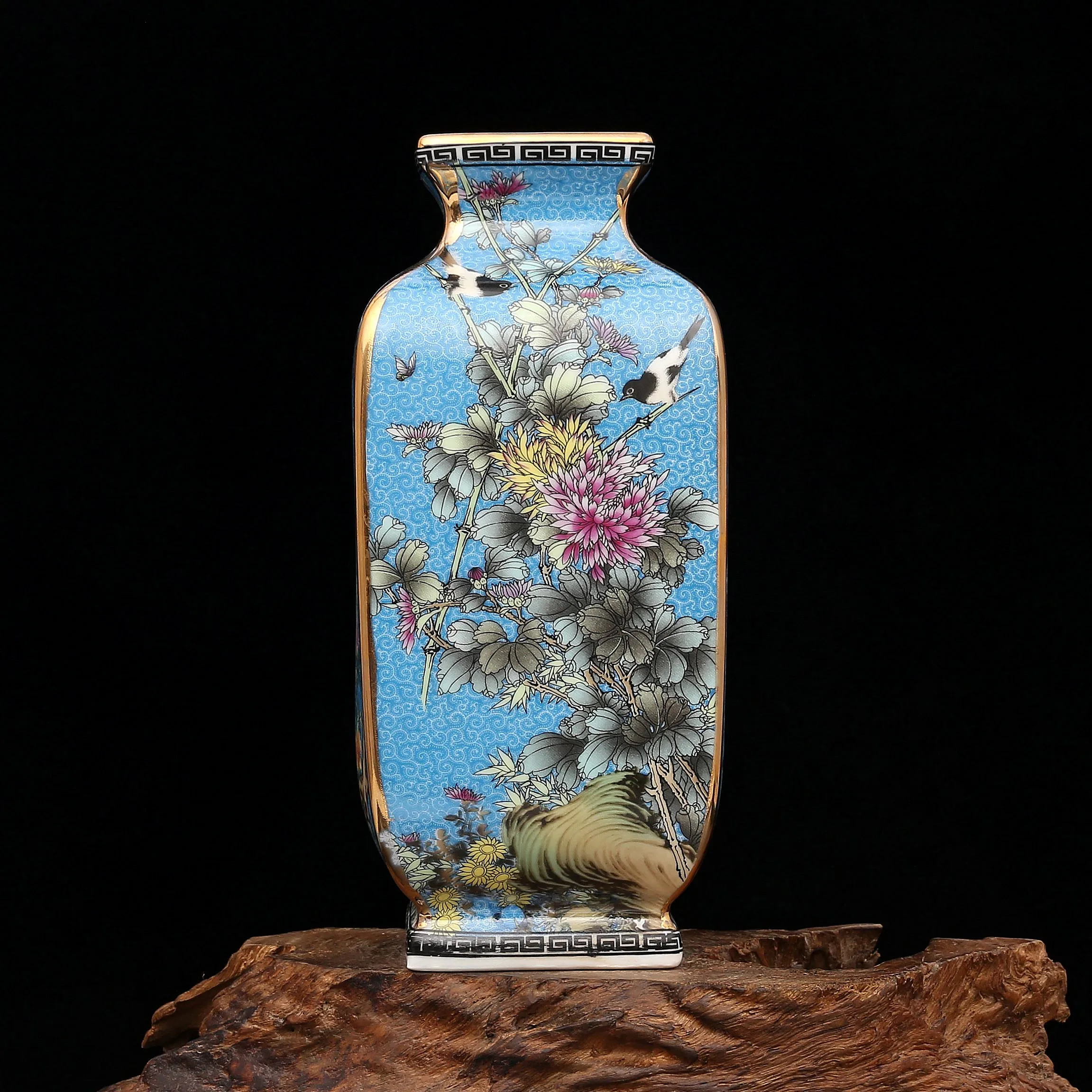 Qing Dynasty Qianlong эмалированный, разукрашенный Золотой квадрат Цветок и вазы птицы антикварная фарфоровая коллекция