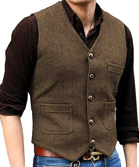 Suit Waistcoat Groom Business Vest Formal Tweed Casual V-Neck Man Wool Herringbone Black/brown