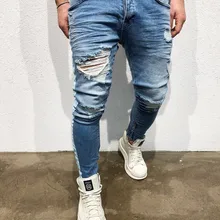 Мужские повседневные обтягивающие джинсы, мужские однотонные черные рваные джинсы, мужские рваные джинсы с дырками на коленях для молодых мужчин