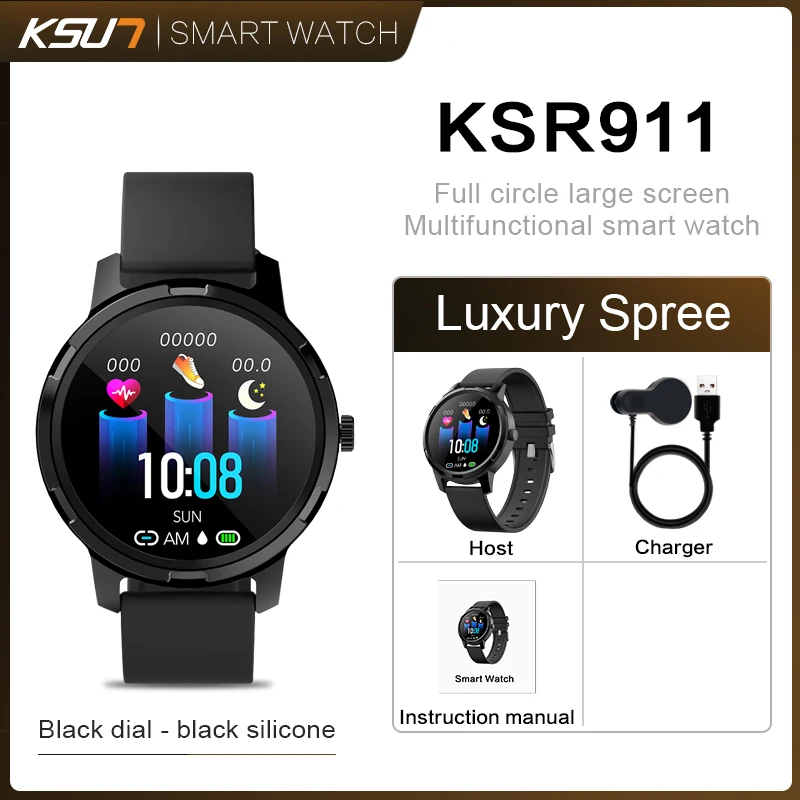 KSUN KSR911 спортивные Смарт-часы для мужчин и женщин IP68 Водонепроницаемые для телефона Android IOS фитнес-Браслет Модные умные часы подарок часы - Цвет: KSR911-Black