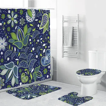

4pcs/Set Bathroom Bath Curtain Sets Shower Curtain Printing Durable Waterproof Toilet Polyester Seat Cover Mat Non-Slip Rug