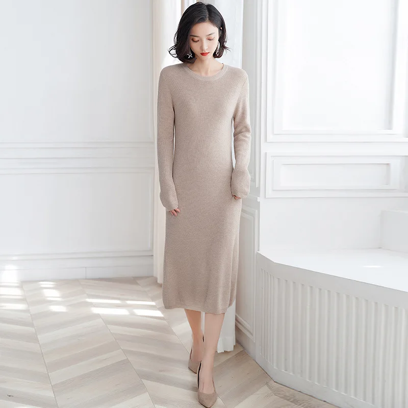 Beige camel Осенний корейский вязаный свитер для женщин платье с круглым вырезом из шерсти Макси Vestido с длинным рукавом тонкие однотонные платья с пышной юбкой Джемпер Пуловер - Цвет: Beige camel