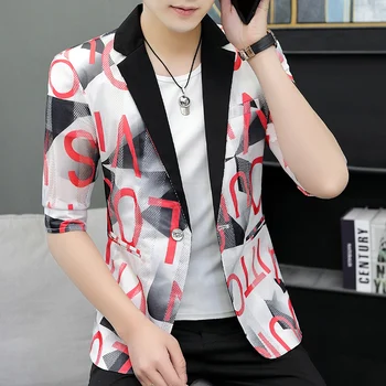 

Chaquetas Hombre De Vestir 2020 Summer Letter Printing Thin Male Blazer Suit Half-sleeve Small Suit Men's Sunscreen Clothes