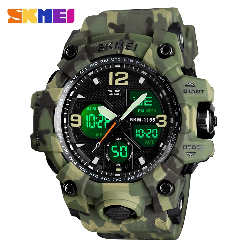 Green Camo SKMEI Военные спортивные часы мужские брендовые Роскошные Кварцевые аналоговые светодиодный цифровые часы мужские водонепроницаемые наручные часы с двойным дисплеем Relogio - Цвет: Green Camo