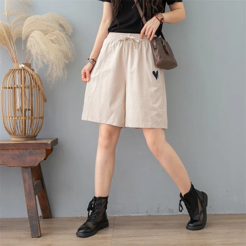 шорты женскийSummer High Waist Wide Leg Pants Women DrawstringBlack Love Print Shorts Femme Korean Casual Loose Holiday Trousers khaki shorts