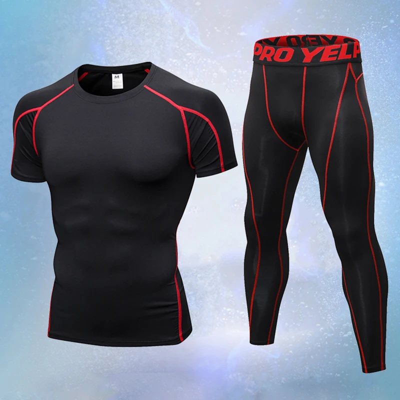 

2PCS Compression Quick Dry Tight Tracksuit Men Training Fitness Short Sleeve Shirt and Long Pants Set Sport Suit