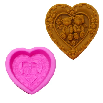 

Double Cute Bear Flower Pattern Silicone Mold Heart Shape Soap Making Mould Soap Decorating Tools Cake Baking Mould