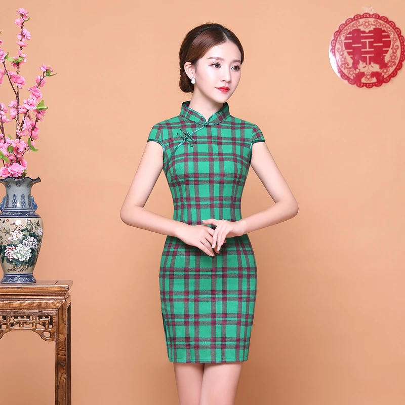 SHENG COCO зеленые клетчатые платья Chipao женское мини-платье Ципао скошенное