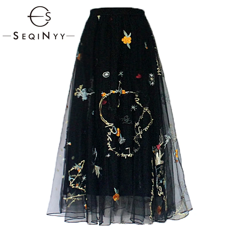

SEQINYY Embroidery Flower Skirt 2020 Summer Spring New Fashion Design Women Runway Soft Mesh Long Skirt
