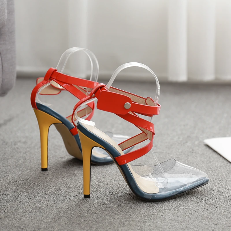 Kcenid New Transparent PVC pointed toe summer sandals women sexy high heels women's shoes multi color cross-strap rivets pumps