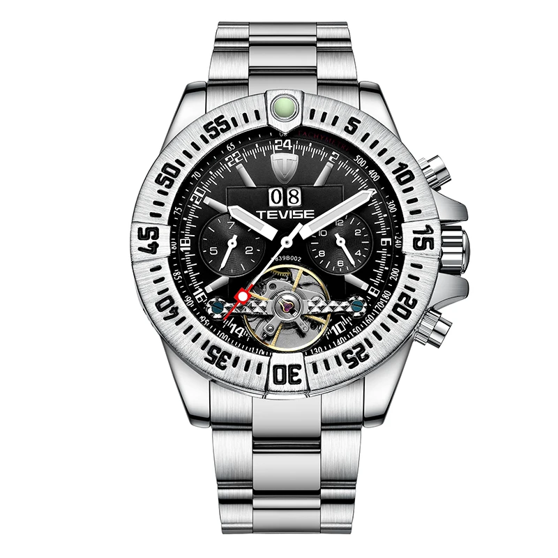TEVISE Мужские механические часы с турбийоном, светящиеся автоматические часы, мужские деловые водонепроницаемые часы, Relogio Masculino - Цвет: silver black