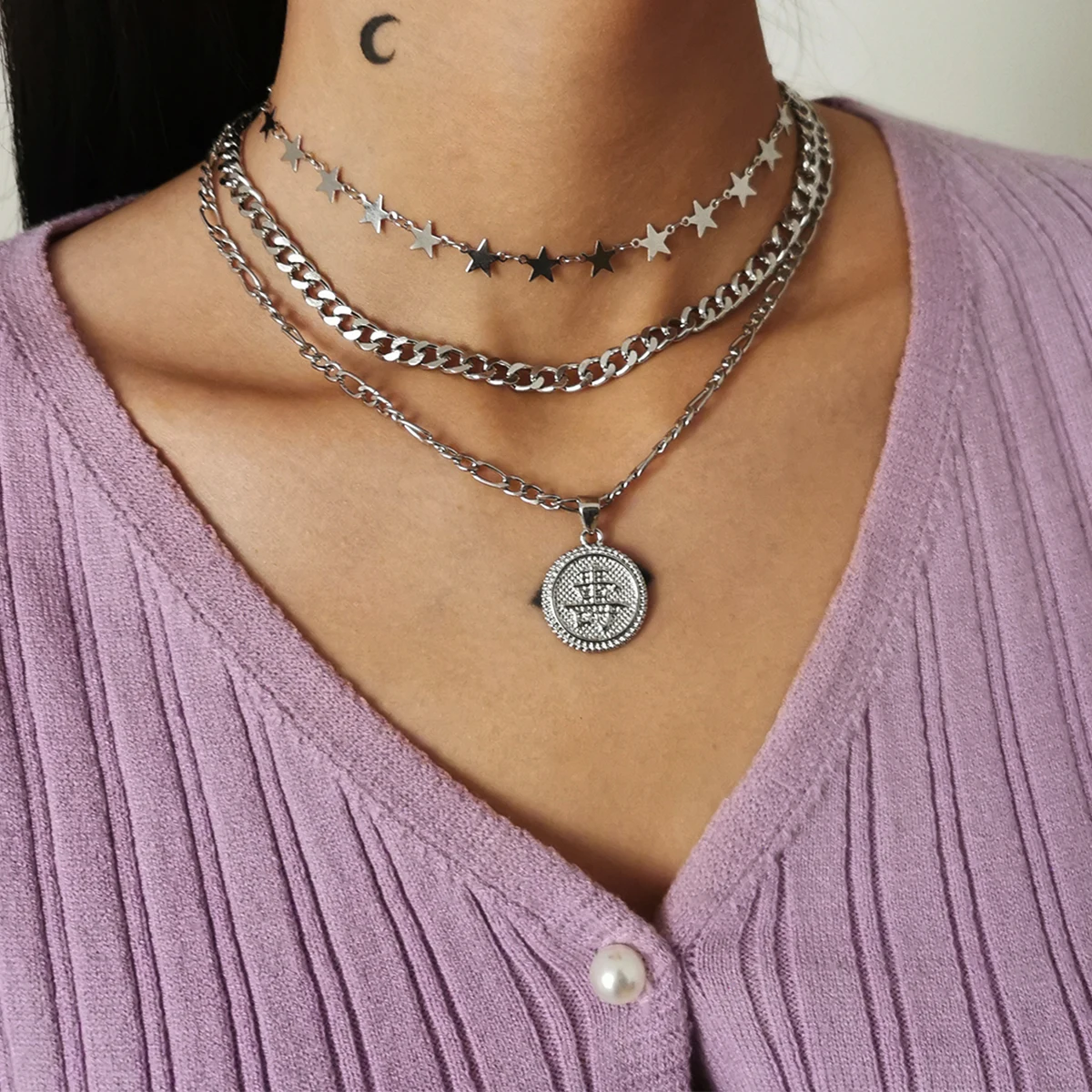 

Lacteo Steampunk Multi Layered Star Shape Clavicle Chain Choker Necklace Vintage Carved Coin Pendant Necklace for Women Jewelry
