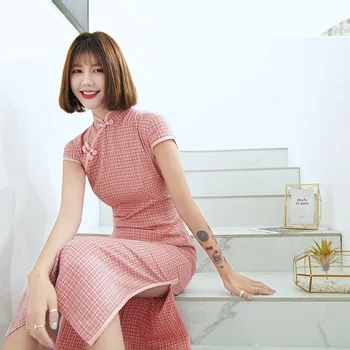 

Large Size 3XL Plaid Cheongsam Cotton Linen Women SEXY Party Prom Desses Elegant Mandarin Collar High Split Long Qipao Vestidos