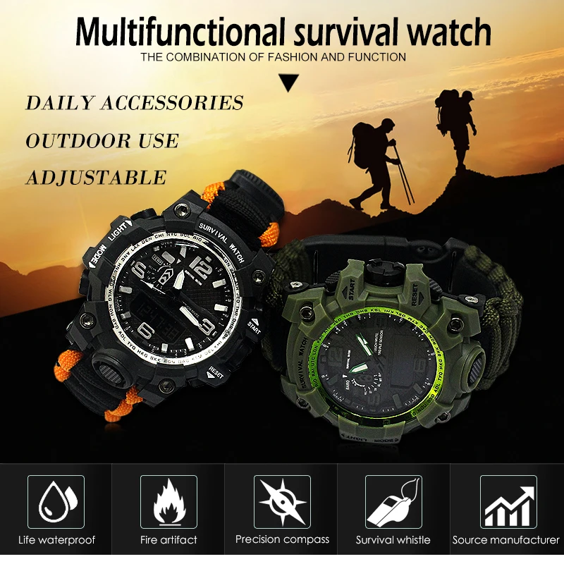 

Outdoor Camping Survival Watch Multi-functional Paracord Watch with Compass Whistle Thermometer Rescue Rope Survival kit EDC