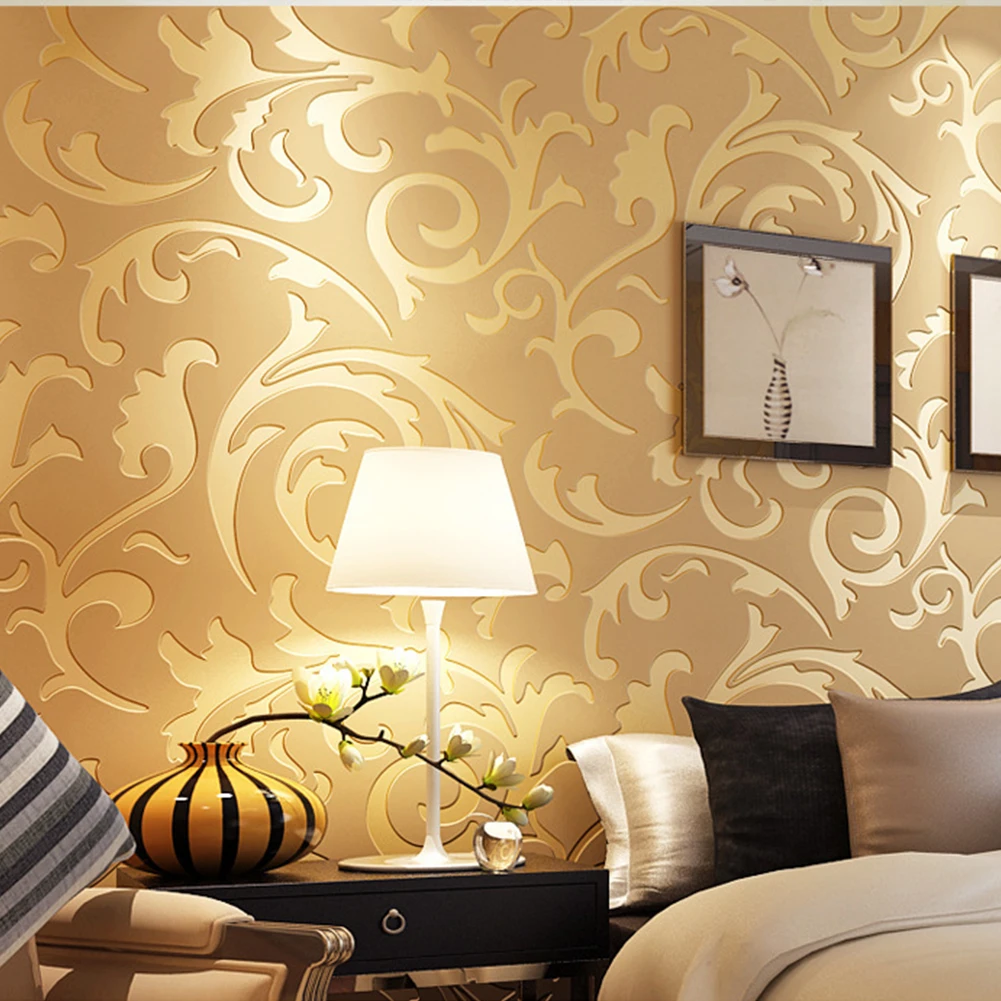 DIY Нетканые дома рулон Дамаск украшения 3D рельефная крышка Гостиная ТВ фон спальня современные обои цветочный узор - Цвет: Gold