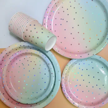 

8Pc Iridescent Foil Dot Rainbow Princess Party Supplies Decor Cake Dish Disposable Paper Plates Unicorn Mermaid Bride Favors