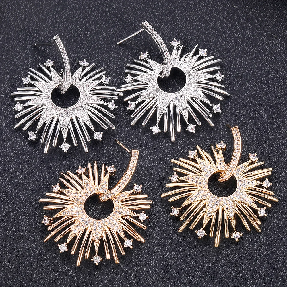JANKELLY luxury SUN FLOWER Shape Long Earrings Cubic Zirconia Women Wedding Big Bijoux | Украшения и аксессуары