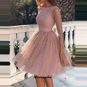 

Pink Sequins Lace Full Sleeve Homecoming Dresses New Lace Illusion vestidos de graduacion A-Line Cocktail Dress