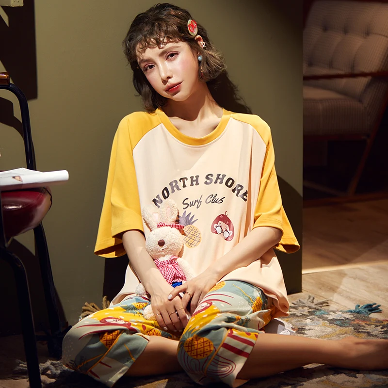 Простая Пижама женские пижамы Хлопковые пижамные комплекты с коротким рукавом