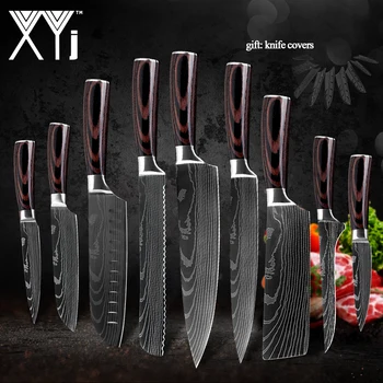 

XYj Japanese Kitchen Knives Set 7CR17 High Carbon Stainless Steel Damascus Pattern Chef Knife Cooking Tool Gift Knife Covers