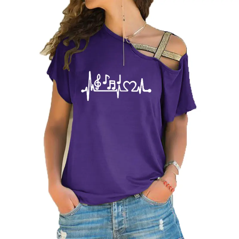 Женская футболка с принтом в виде музыкальных нот и сердцебиения, Harajuku, с открытыми плечами, для любителей музыки, женская футболка с неровным перекосом на шее, топы с перекрестной повязкой - Цвет: 19
