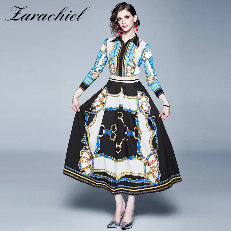 

Vintage Mixed Chain Print Blue Maxi Dress Women 2019 Autumn Fashion Long Sleeve Turn-Down Collar High Waist Shirt Long Dress