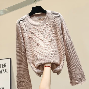 

2019 Fall Winter Fashion Hollowed-out Sequined Pullover Sweater Womans Horn Sleeve Sweater Women Loose Wear Knitting Shirt Mujer