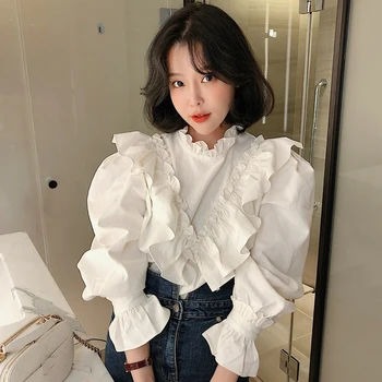 

Ruffles Stand Neck Blouse Women White Long Sleeve Spring Loose Shirts Pleated Elegant Tops Patchwork Vintage Luxury 2020 W310